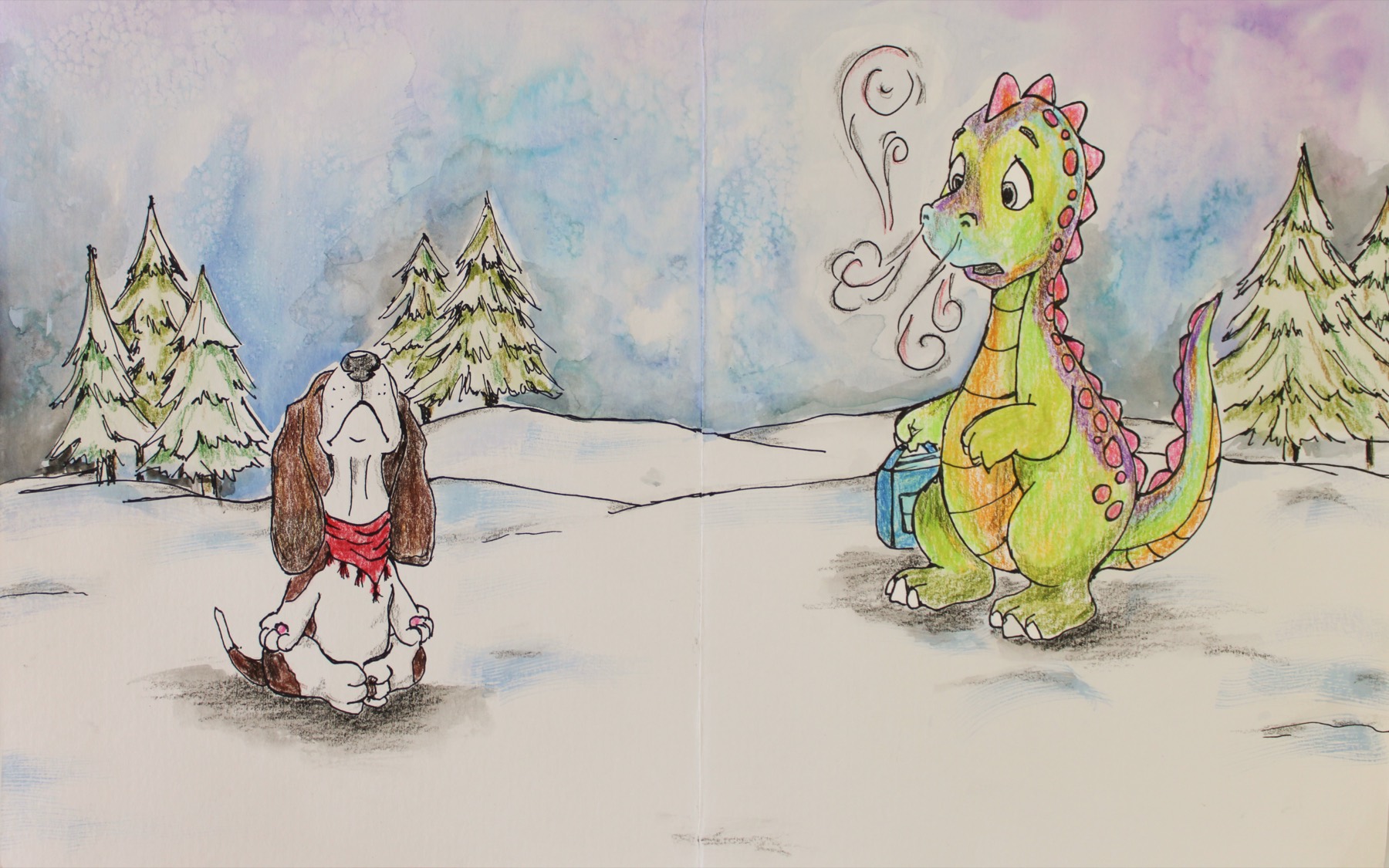 Dragamore Dragon walking through the woods with Basset the puppy
