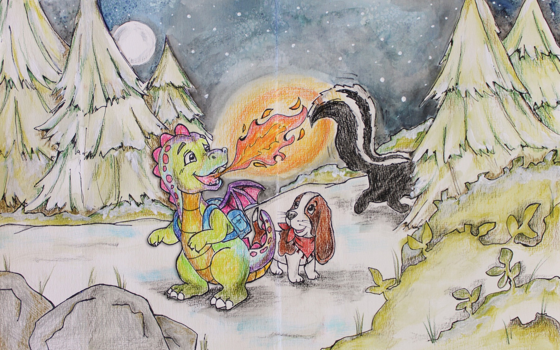 Dragamore Dragon breathing fire near a skunk in the snowy forest