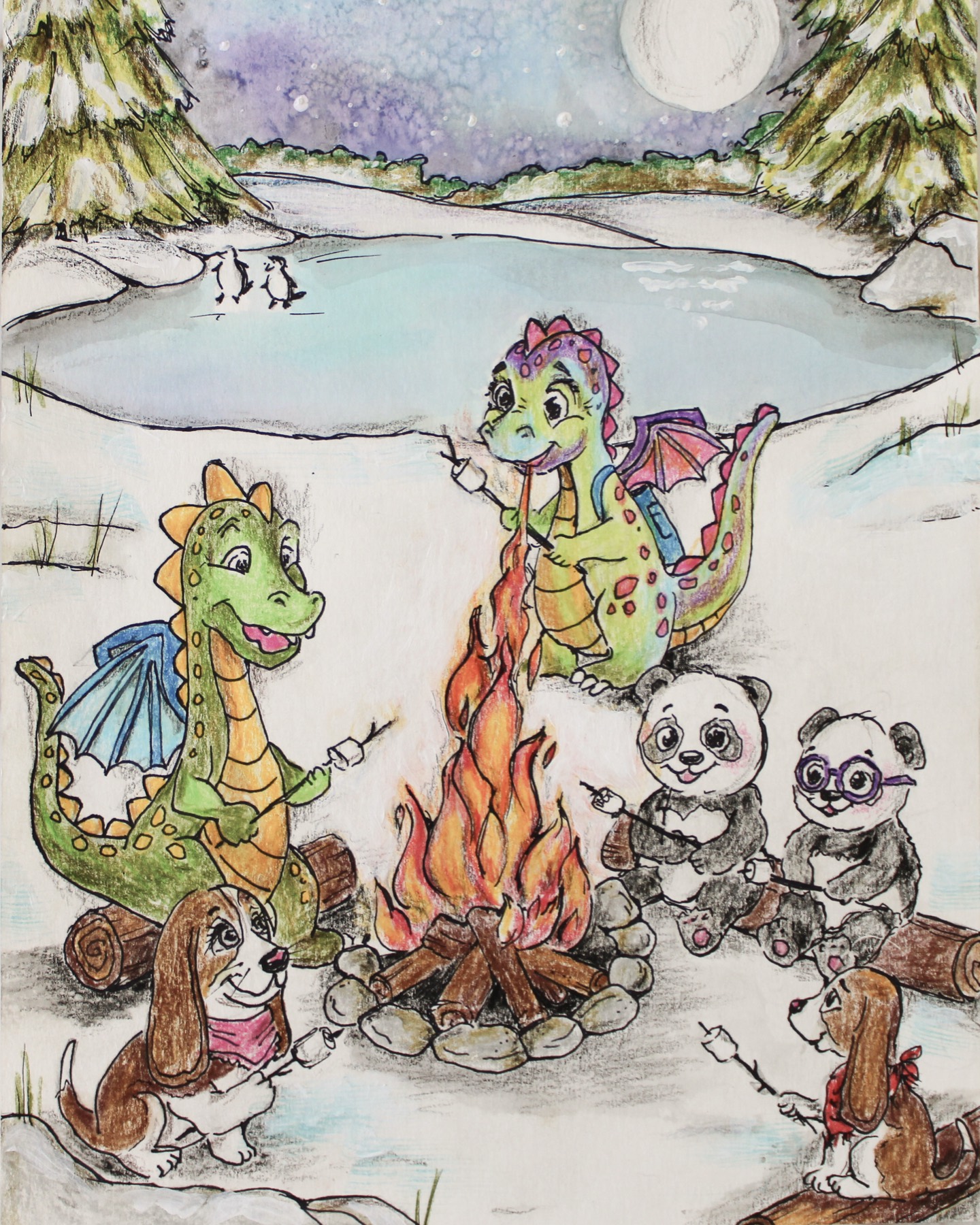 Dragamore Dragon lighting a campfire with friends gathered around