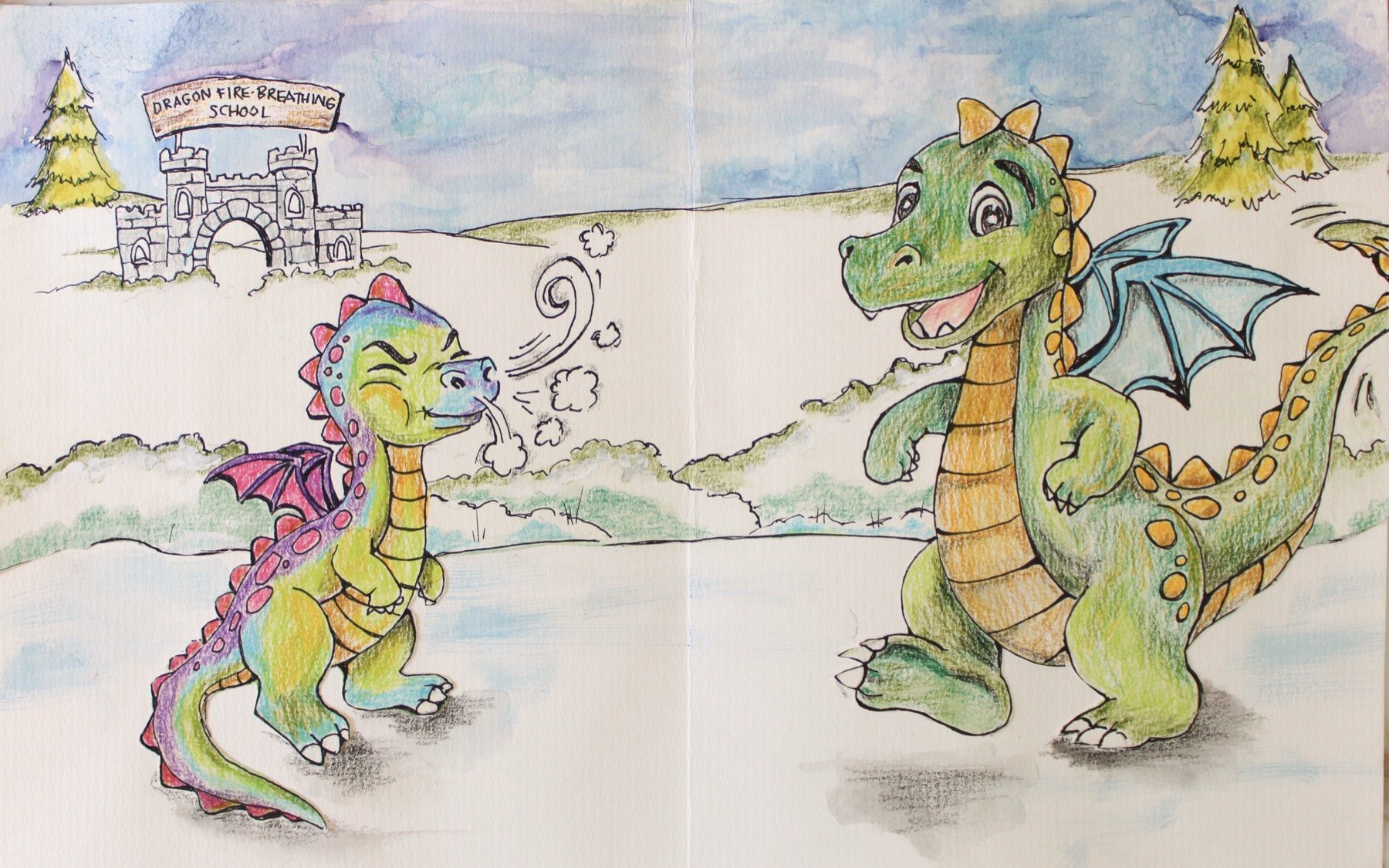 Dragamore Dragon walking beside his older brother Dragster near Penguin Pond